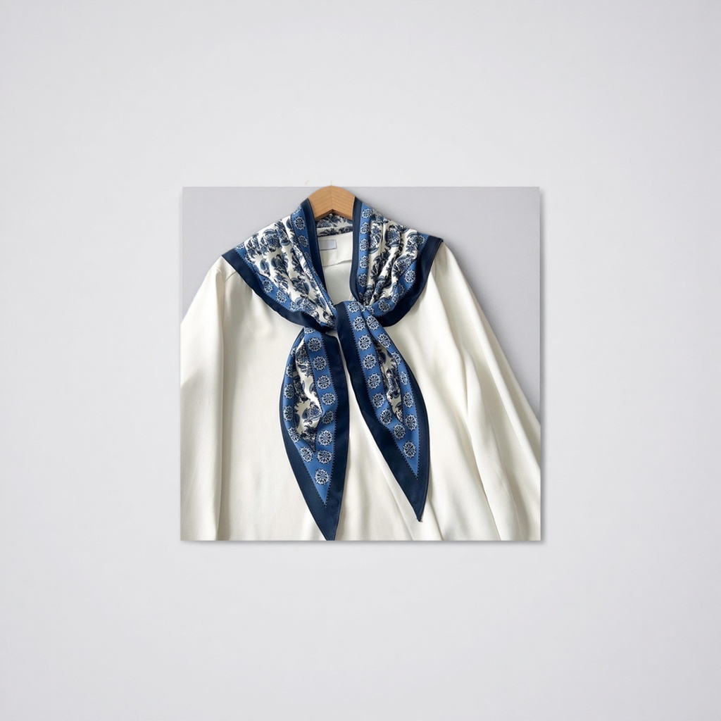 This blue-patterned silk scarf is a lightweight, breathable and versatile spring and summer scarf for women Specification image