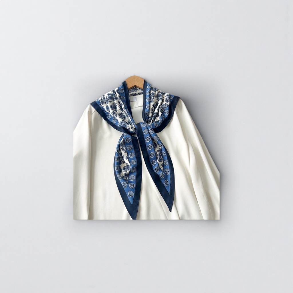 This blue-patterned silk scarf is a lightweight, breathable and versatile spring and summer scarf for women