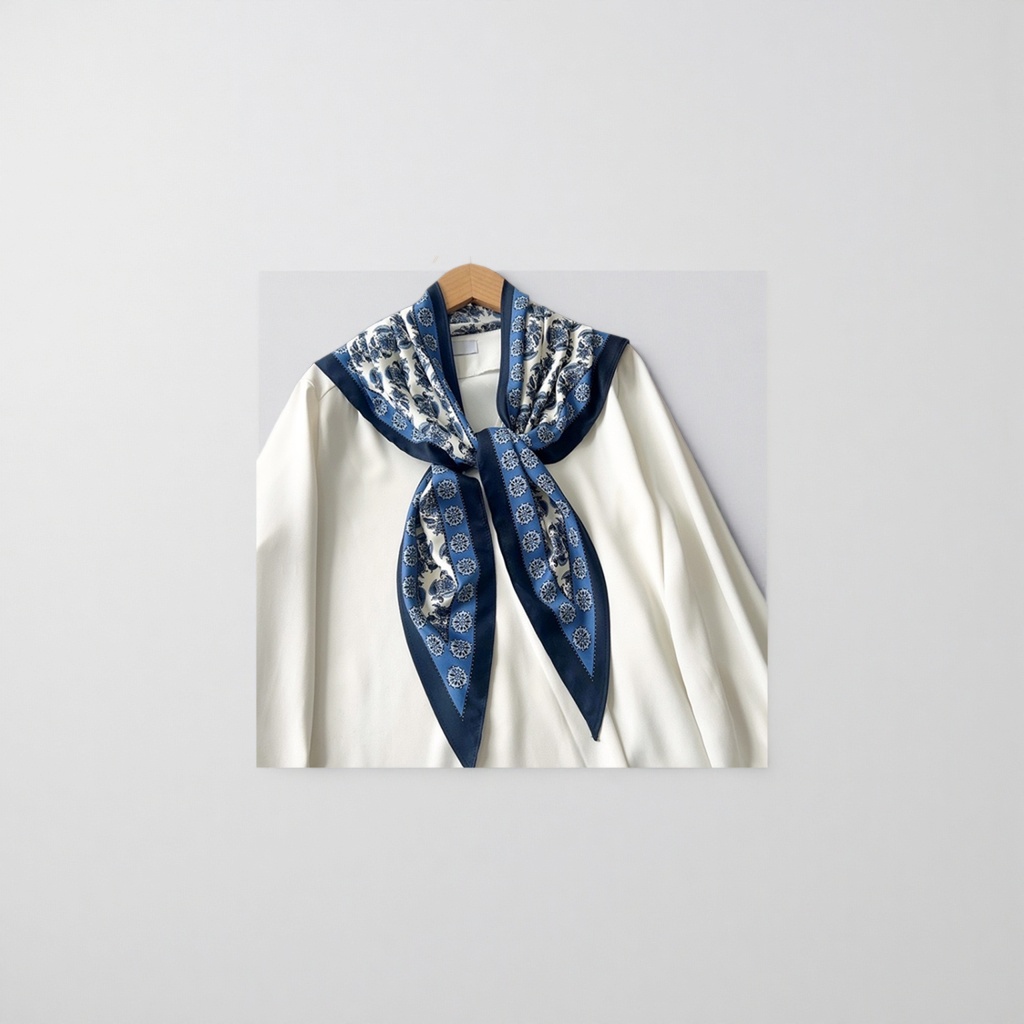 This blue-patterned silk scarf is a lightweight, breathable and versatile spring and summer scarf for women details Picture