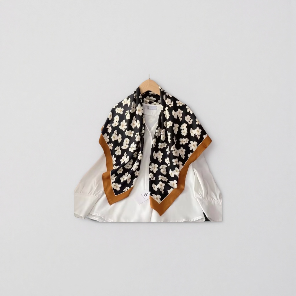 Black background with white floral patterns silk scarf, a spring and summer scarf for silk women details Picture