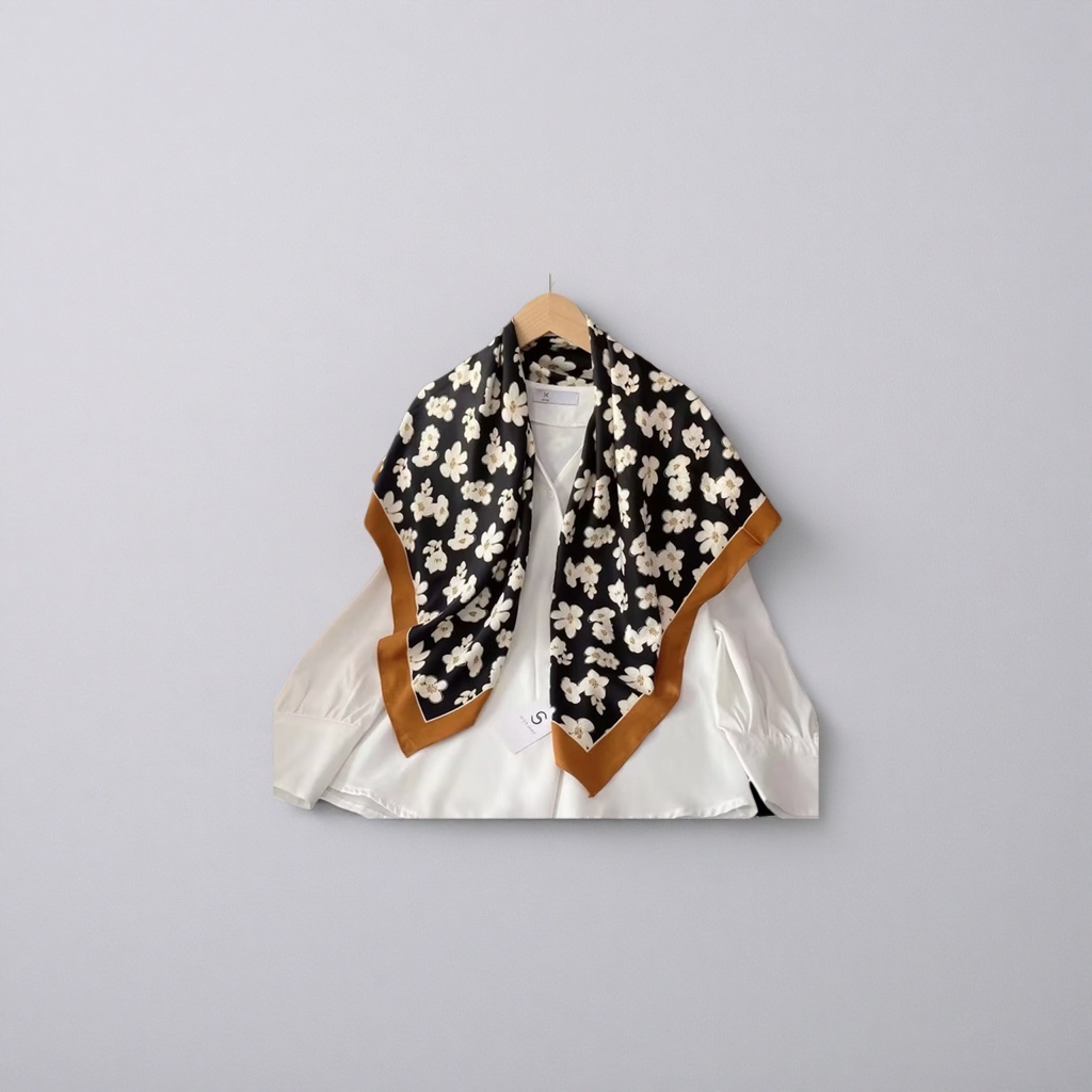 Black background with white floral patterns silk scarf, a spring and summer scarf for silk women Specification image