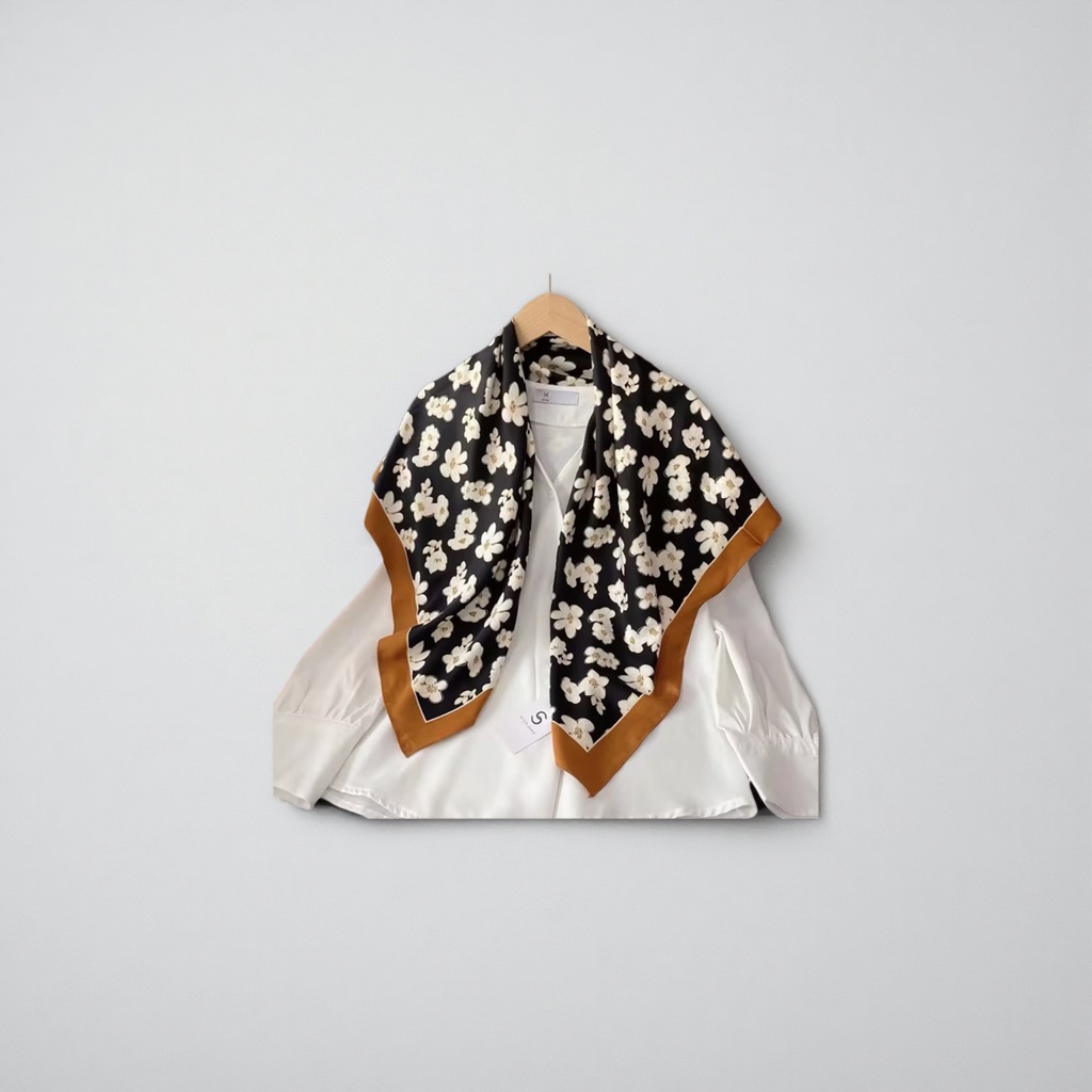 Black background with white floral patterns silk scarf, a spring and summer scarf for silk women Application Scenario