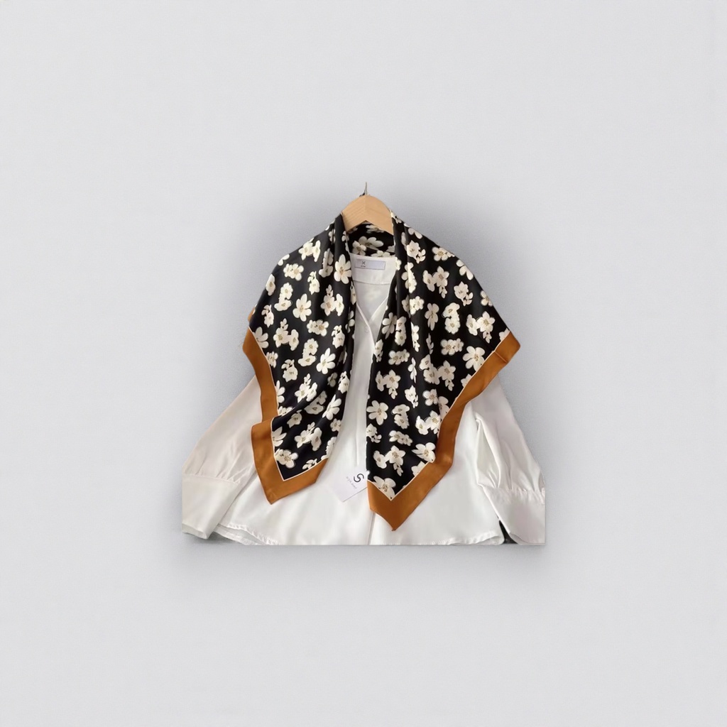 Black background with white floral patterns silk scarf, a spring and summer scarf for silk women