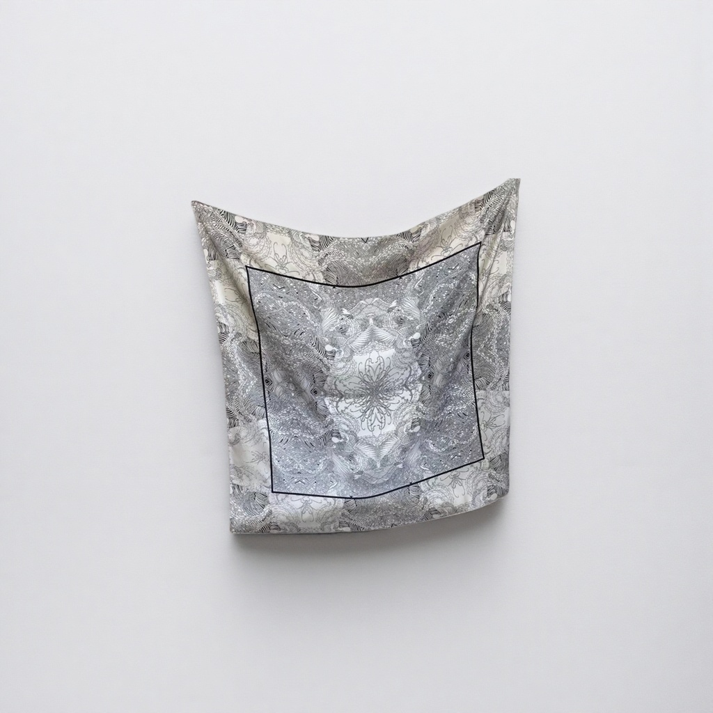 The black and white patterned silk scarf is light, breathable and elegant, a versatile and fashionable accessory Specification image