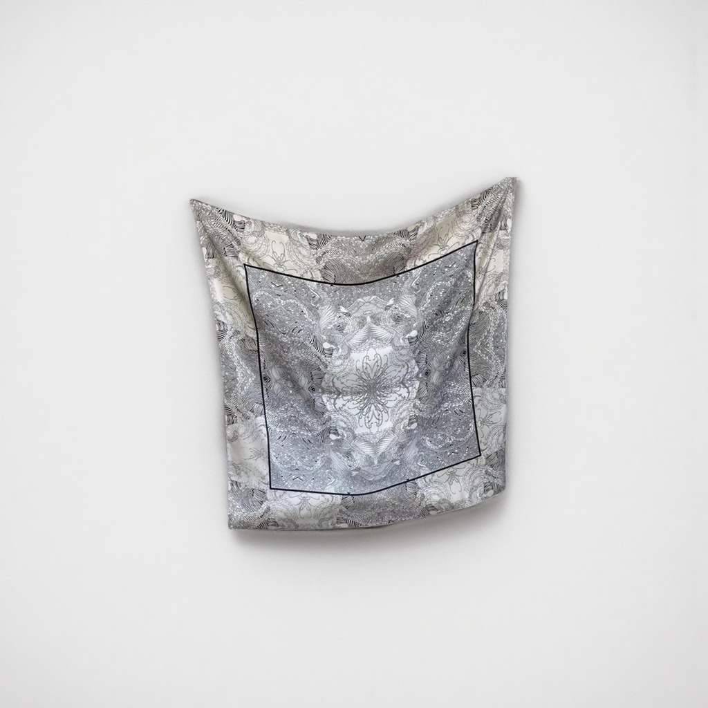 The black and white patterned silk scarf is light, breathable and elegant, a versatile and fashionable accessory Application Scenario