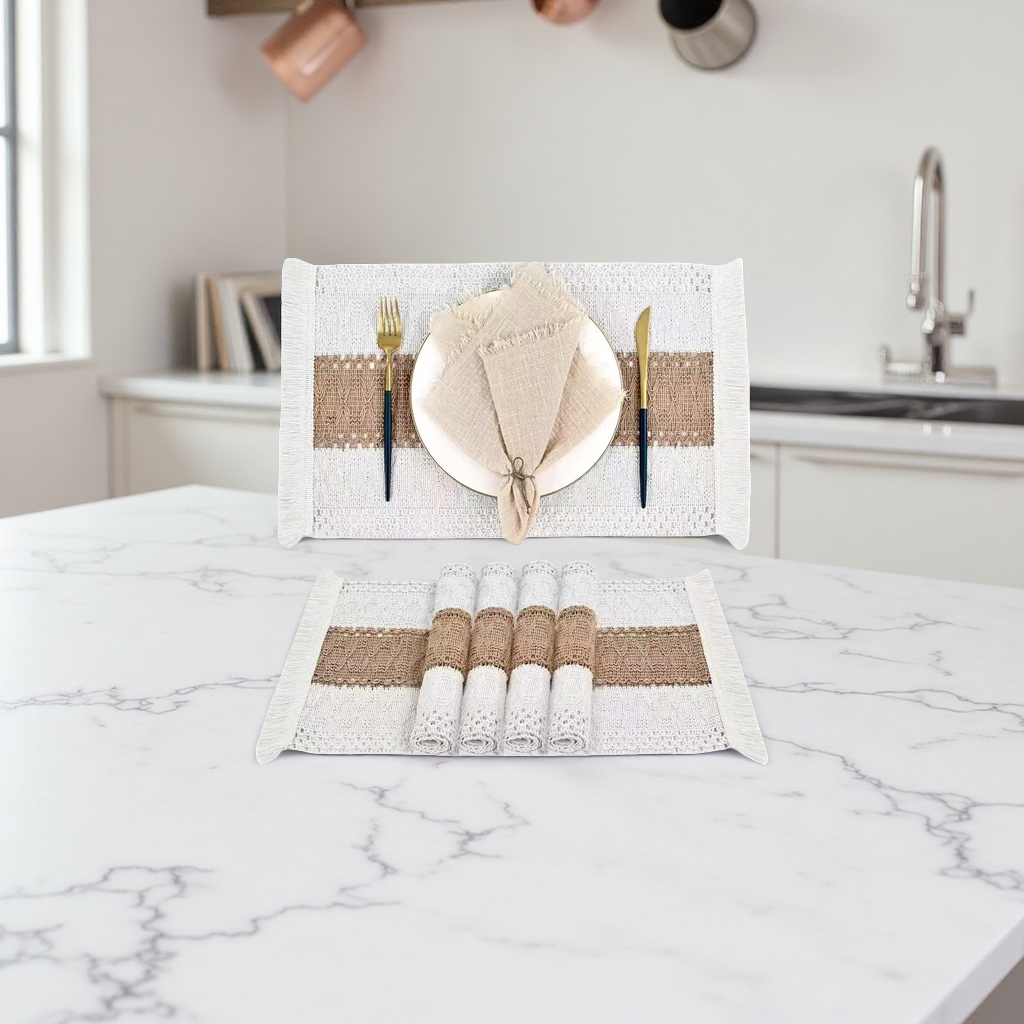Cotton and linen embroidered placemats, Nordic minimalist color-blocked tassel woven table flag tablecloths, festive party decorative table MATS Specification image
