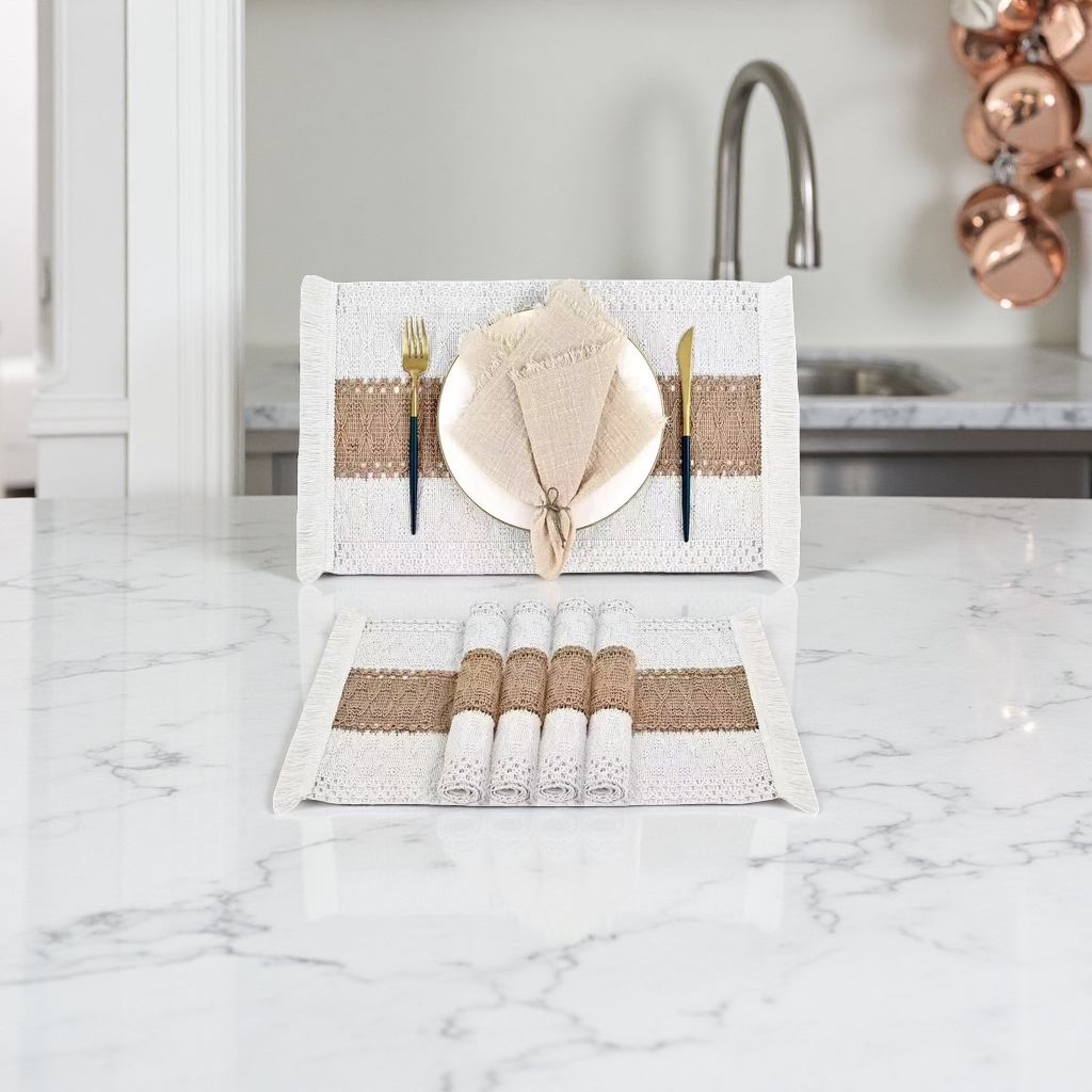 Cotton and linen embroidered placemats, Nordic minimalist color-blocked tassel woven table flag tablecloths, festive party decorative table MATS