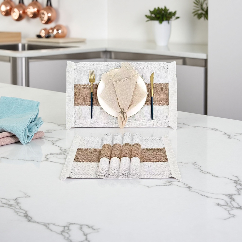 Cotton and linen embroidered placemats, Nordic minimalist color-blocked tassel woven table flag tablecloths, festive party decorative table MATS details Picture
