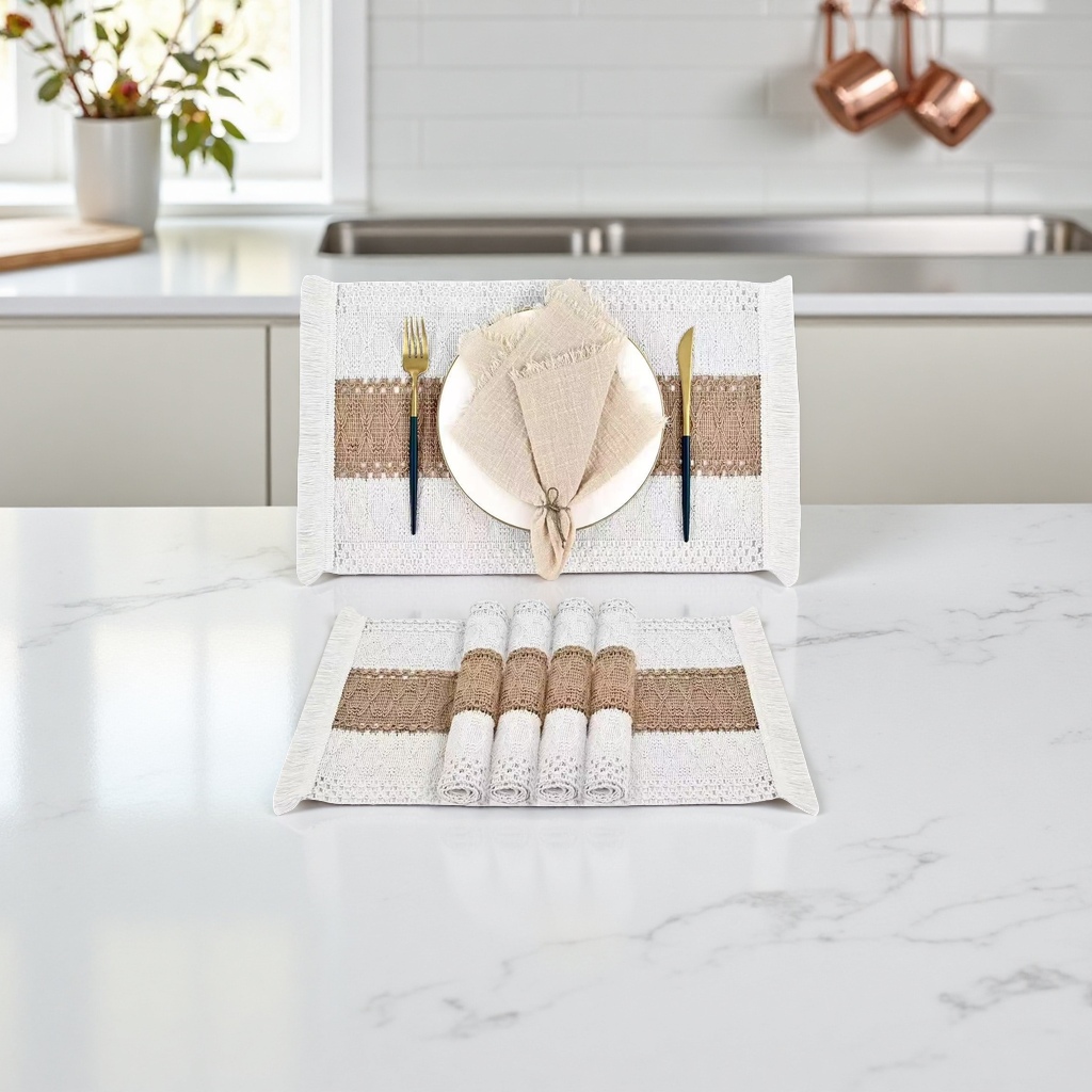 Cotton and linen embroidered placemats, Nordic minimalist color-blocked tassel woven table flag tablecloths, festive party decorative table MATS Application Scenario