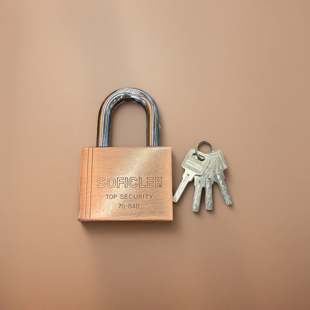 Copper-colored padlock with key, anti-theft and durable metal padlock details Picture