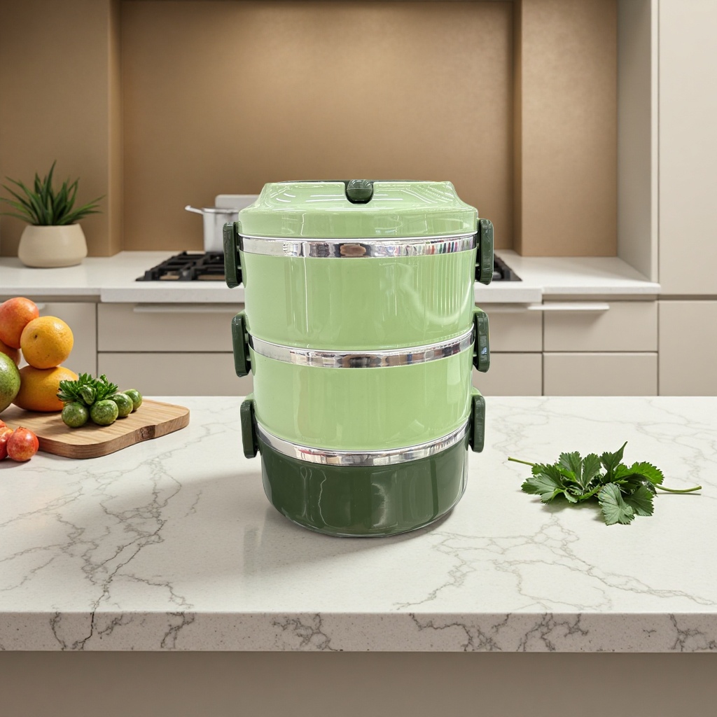 Green three-layer lunch box, food-grade PP material portable compartments lunch box details Picture