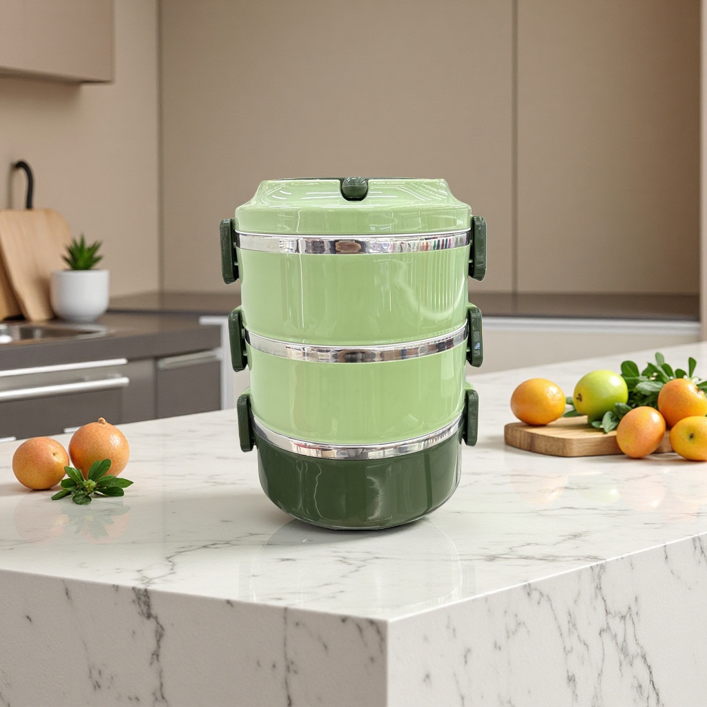Green three-layer lunch box, food-grade PP material portable compartments lunch box