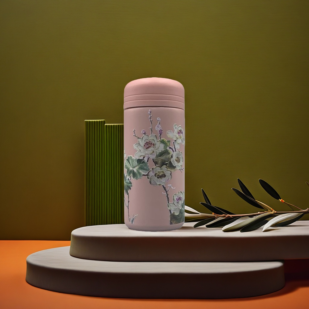Pink floral pattern insulated cup, 350ml portable for women, sakura style portable water cup details Picture