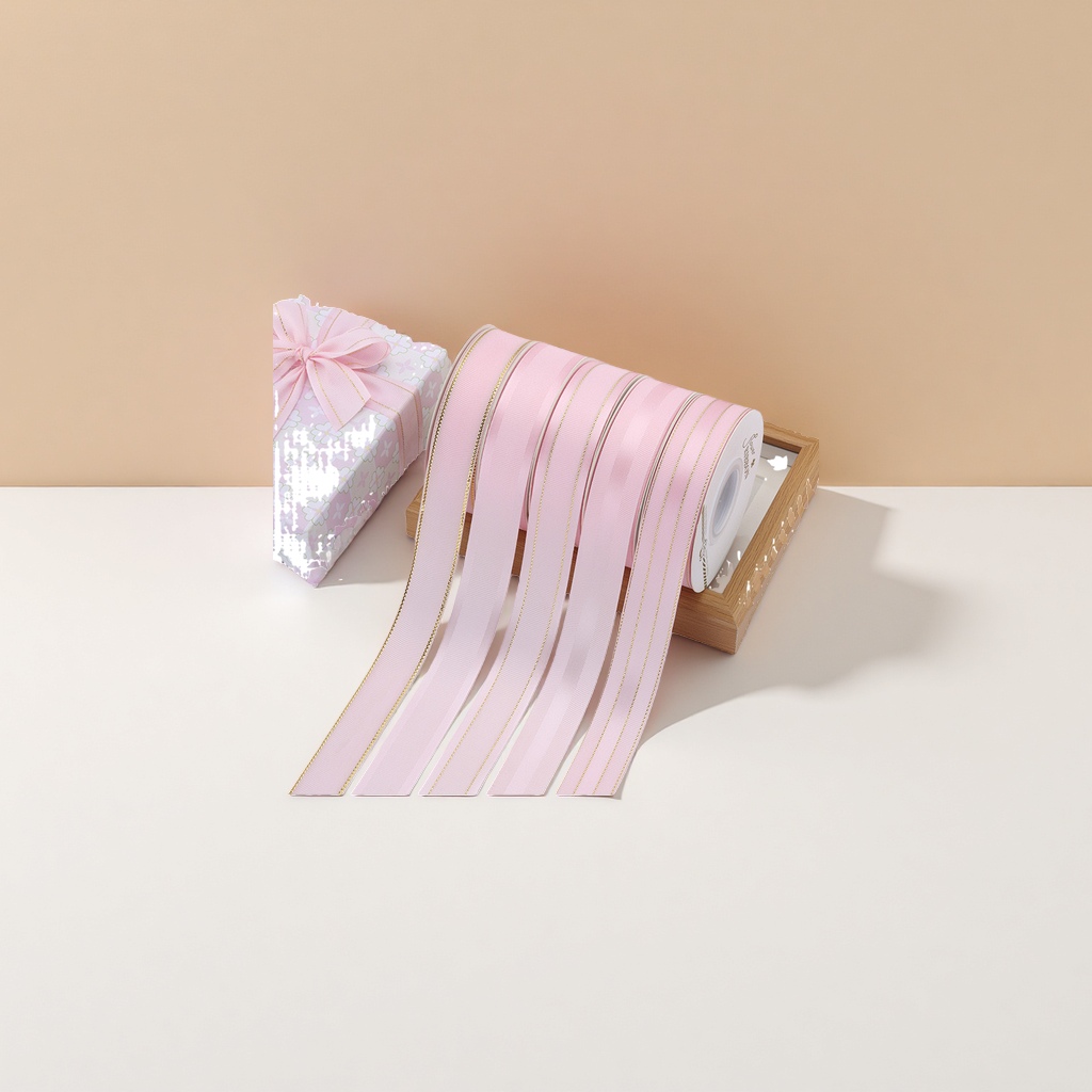 Handmade DIY gift box packaging with pink ribbon roll bow decoration details Picture