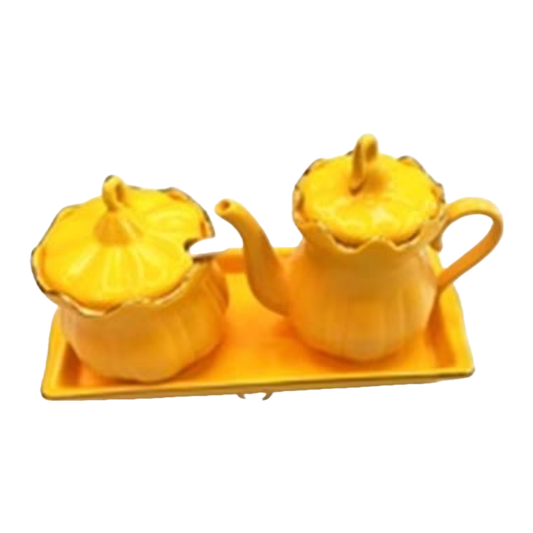 A cute and creative yellow pumpkin-shaped ceramic tea set for home use, featuring a combination of teapots and cups Item Picture