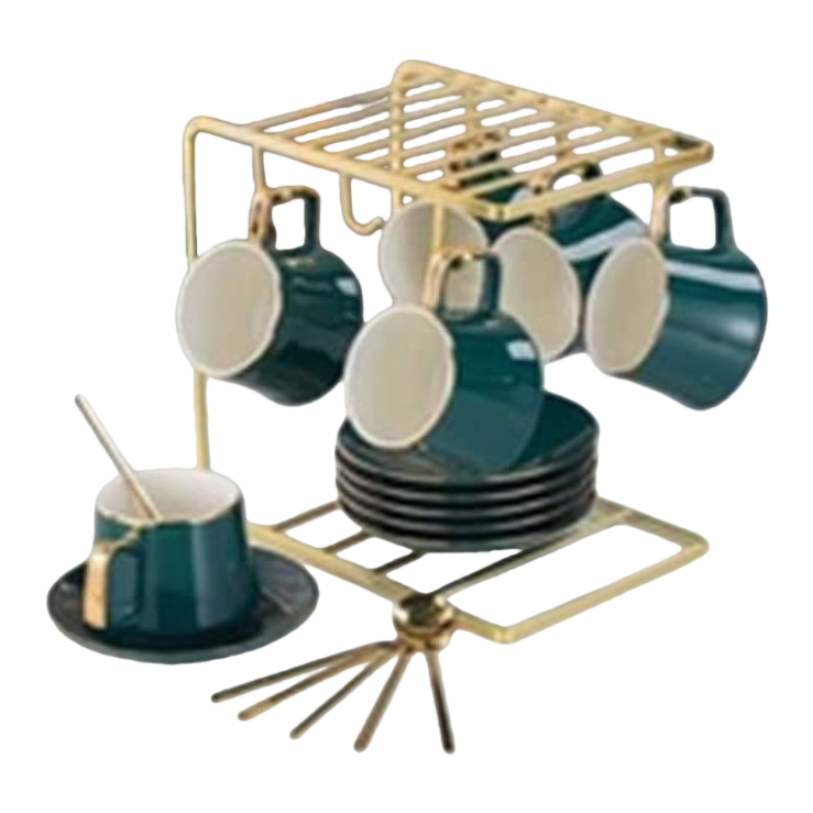 Gold metal cup holder con tazas y platos set de café y té hogar soporte de almacenamiento Item Picture