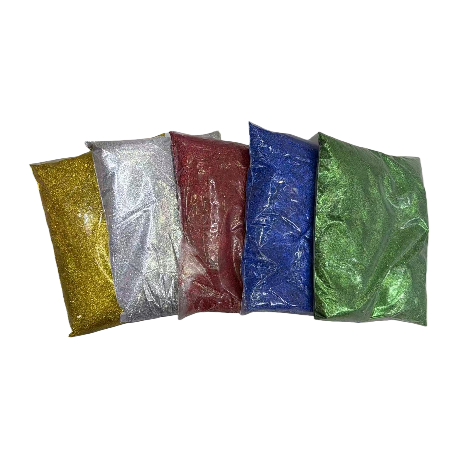 Five bags of colored glitter in gold, silver, red, blue and green, transparent plastic bags with metal surfaces for display Item Picture