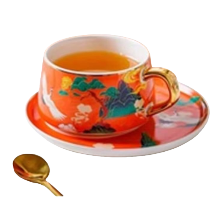红色花纹茶杯+茶杯白底实物图