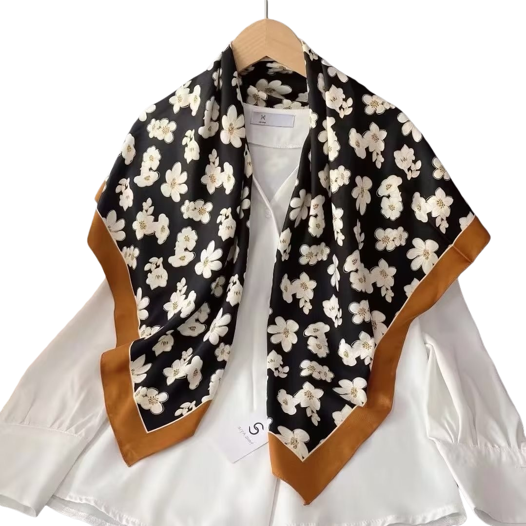 Black background with white floral patterns silk scarf, a spring and summer scarf for silk women Item Picture