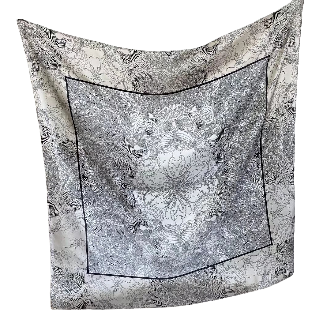 The black and white patterned silk scarf is light, breathable and elegant, a versatile and fashionable accessory Item Picture