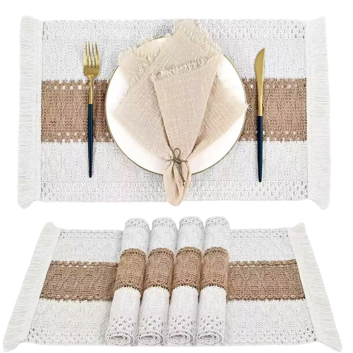 Cotton and linen embroidered placemats, Nordic minimalist color-blocked tassel woven table flag tablecloths, festive party decorative table MATS Item Picture