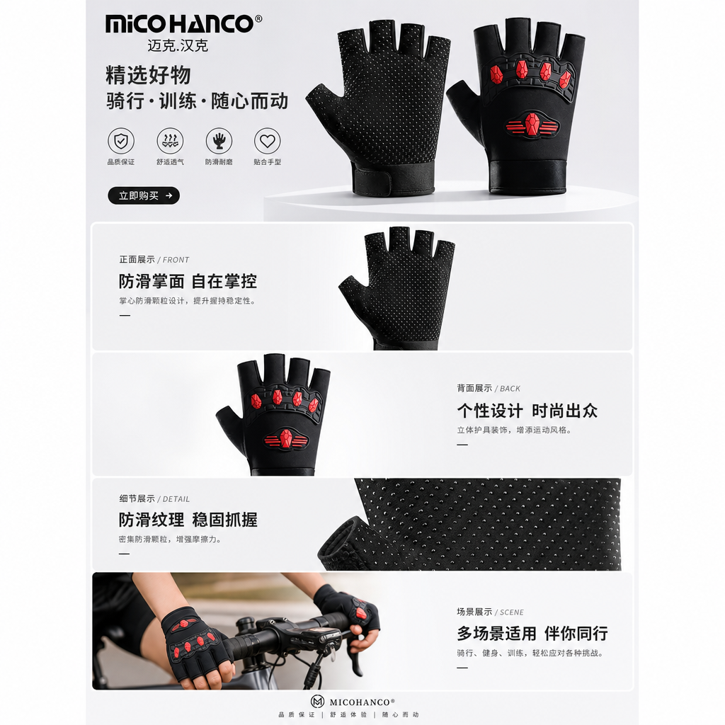 黑色半指运动手套 健身防滑透气加厚掌垫详情1
