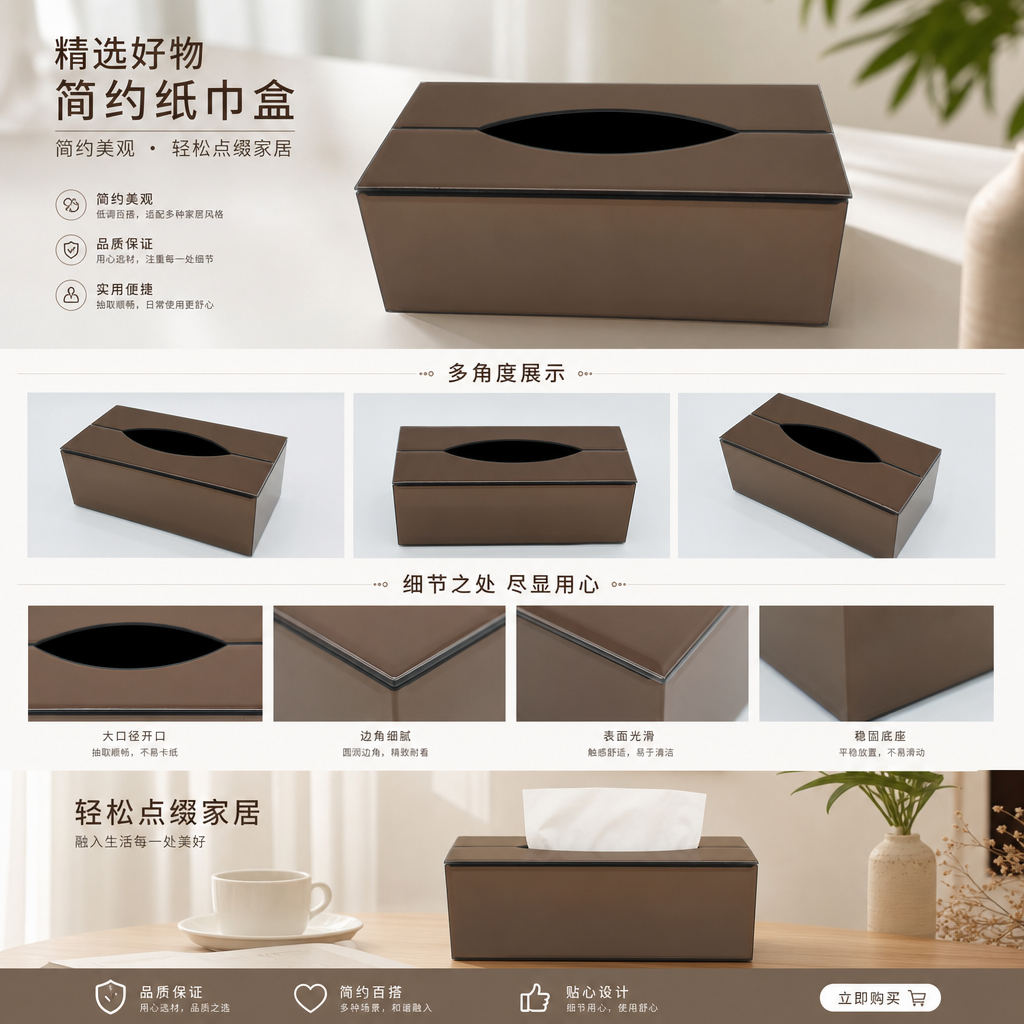 棕色纸巾盒主体 简约北欧风桌面抽纸盒收纳盒客厅卧室通用详情1