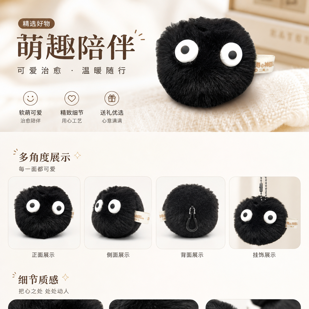 迷你黑炭小煤球挂件毛球钥匙扣毛绒玩具公仔批发详情1