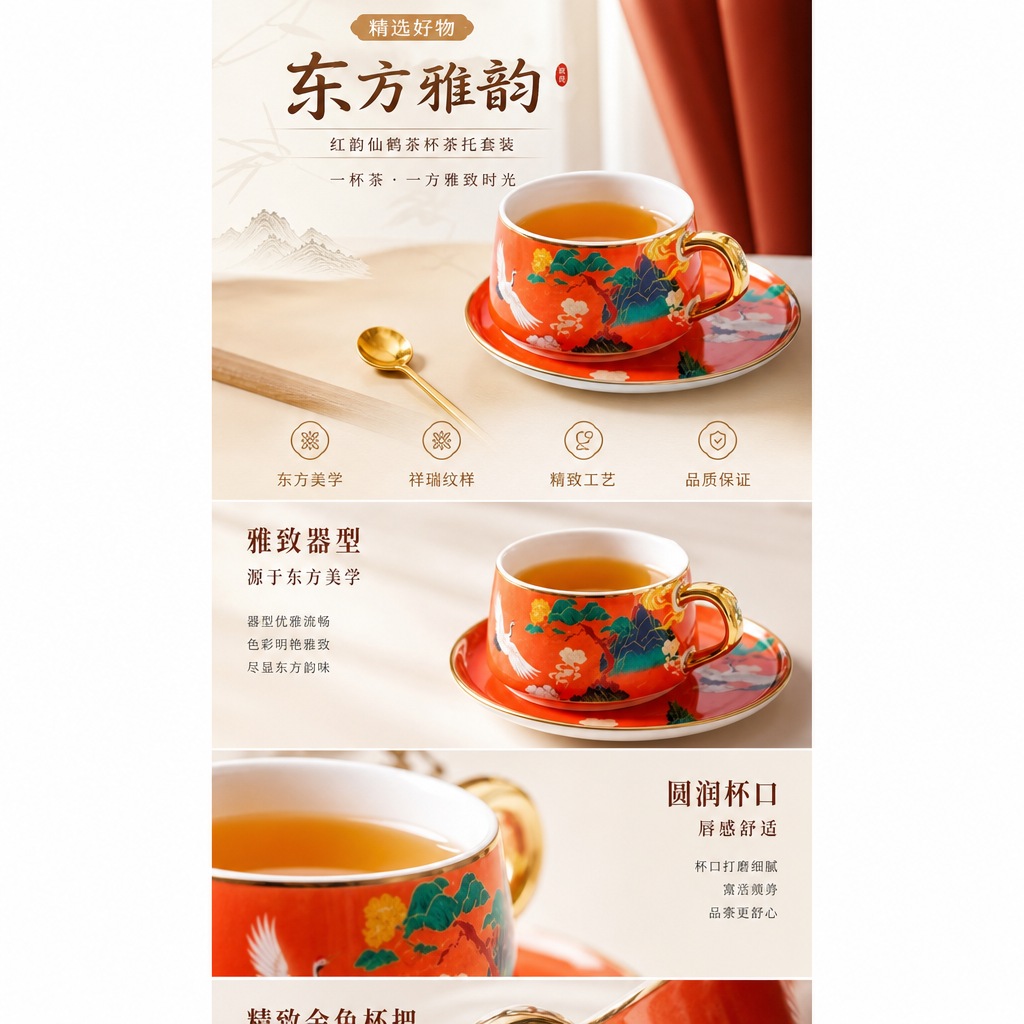 红色花纹陶瓷茶杯 350ml 家用办公泡茶杯 高温釉面防烫详情1