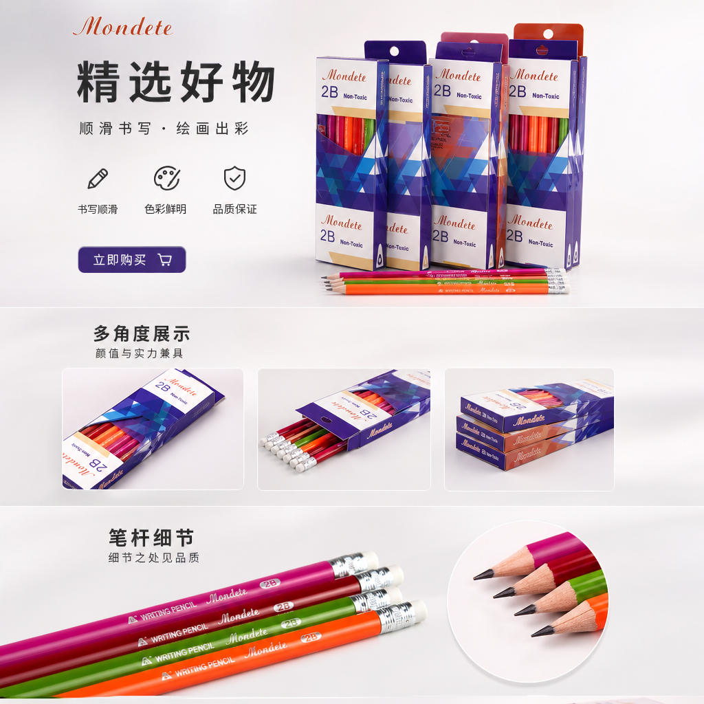 Monote彩色铅笔盒搭配2B铅笔套装 学生考试专用文具礼盒详情1