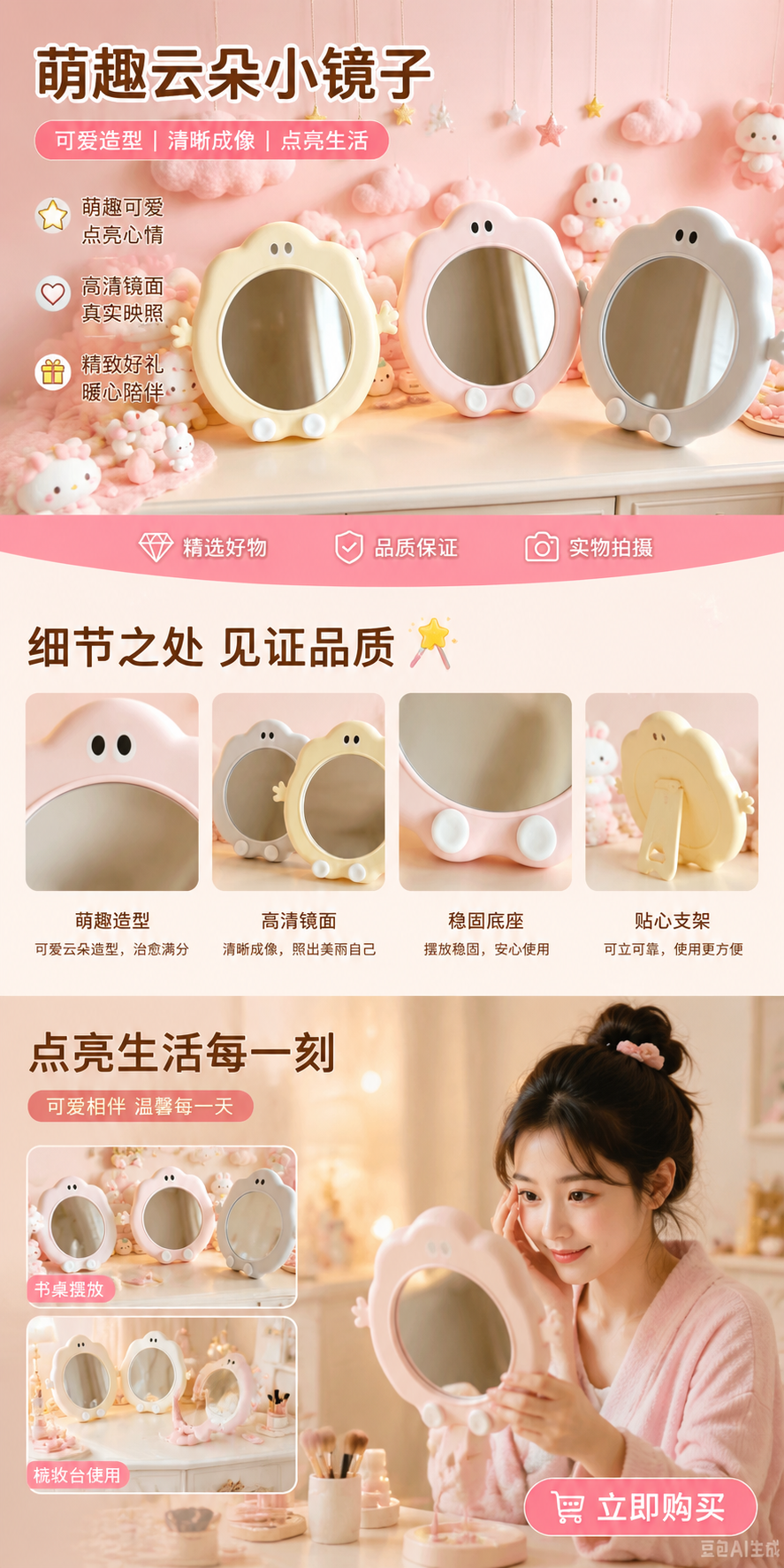 可爱云朵造型玻璃相框摆台带镜子详情1