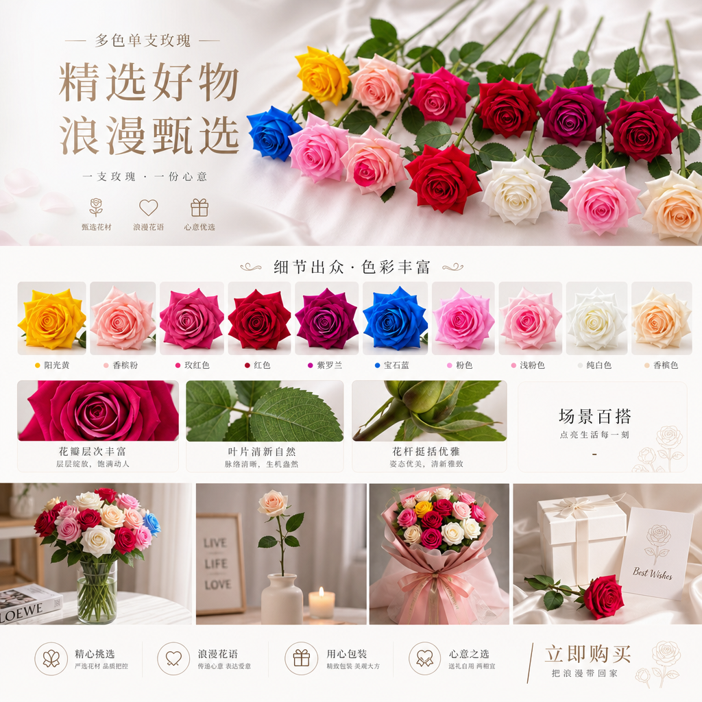 彩色玫瑰花束 鲜花配送生日情人节礼物整束包邮详情1