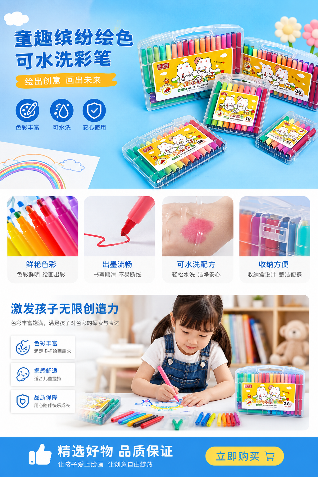 得力彩色水彩笔套装12色儿童绘画水彩笔可水洗安全无毒详情1