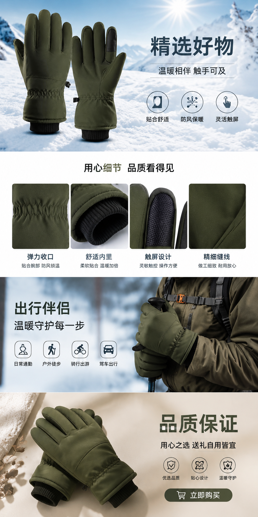 绿色冬季加厚保暖手套 男女通用防寒防风触屏设计详情1