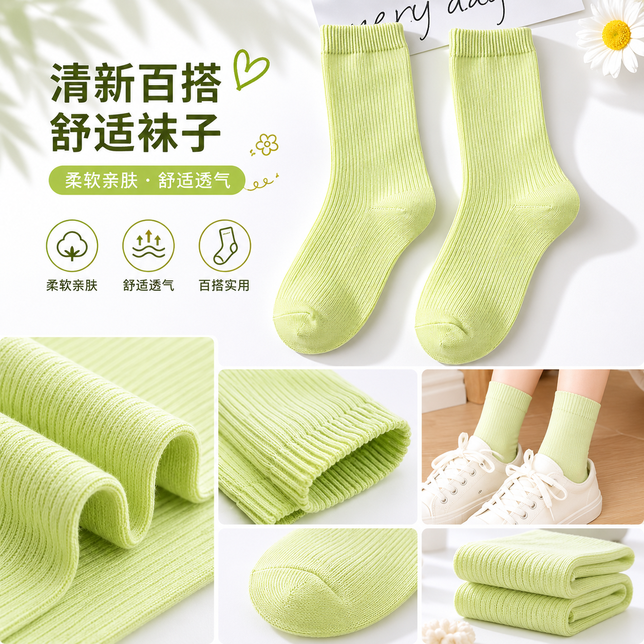 浅绿色纯棉袜子 男女同款舒适透气中筒袜详情1