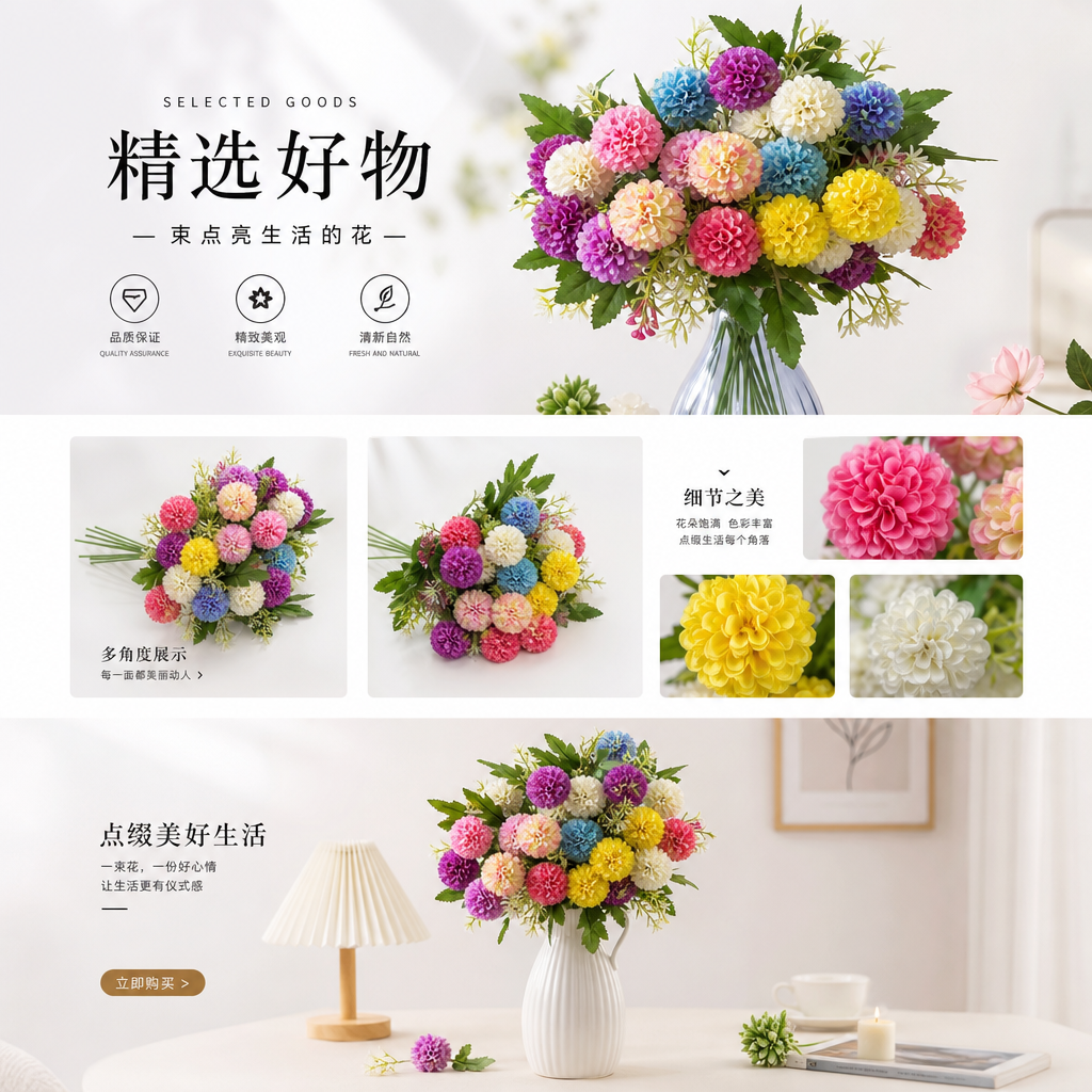彩色仿真花束 客厅卧室装饰摆件 婚庆生日礼物 高档逼真永生花详情1