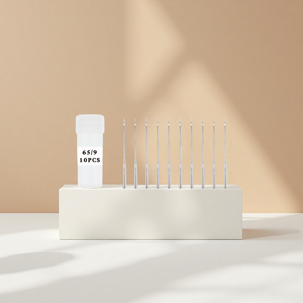 10 metal sewing needles in a white storage bottle, a household hand-embroidered sewing accessory