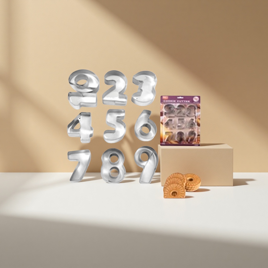 Metal digital cookie mold 0 to 9 set, including packaging box and sample cookies Application Scenario