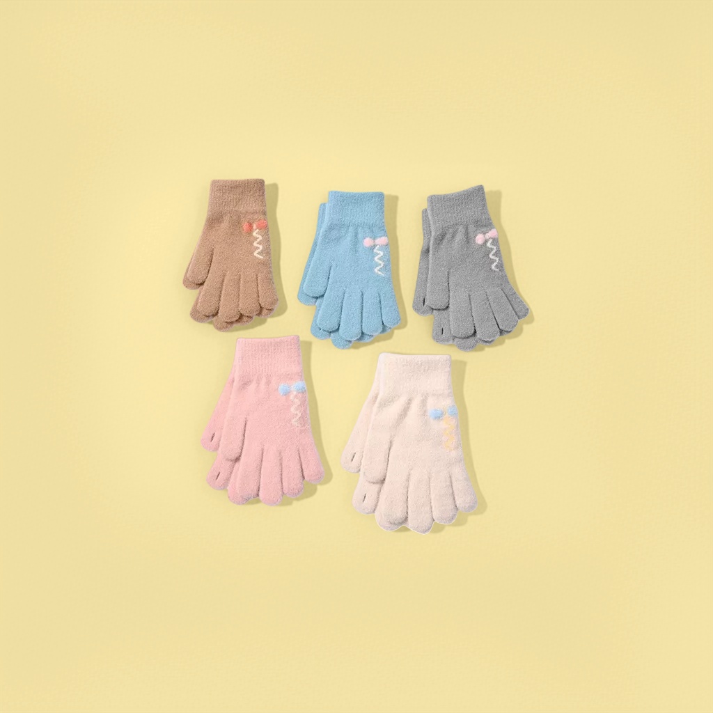 Five pairs of woolen gloves in brown, blue, gray, pink and beige, decorated with wavy small balls, knitted winter