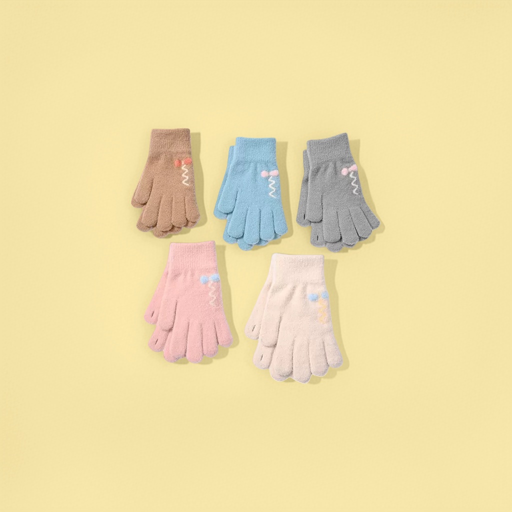 Five pairs of woolen gloves in brown, blue, gray, pink and beige, decorated with wavy small balls, knitted winter details Picture