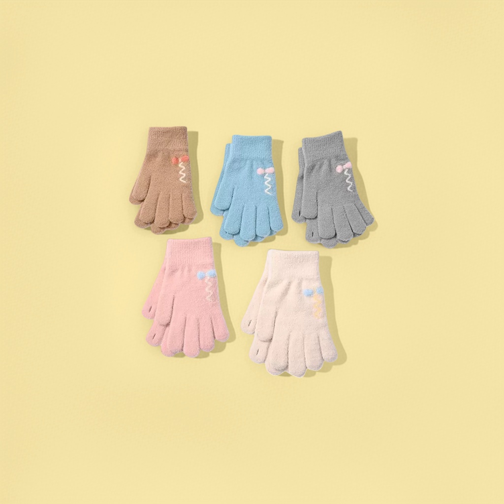 Five pairs of woolen gloves in brown, blue, gray, pink and beige, decorated with wavy small balls, knitted winter Specification image
