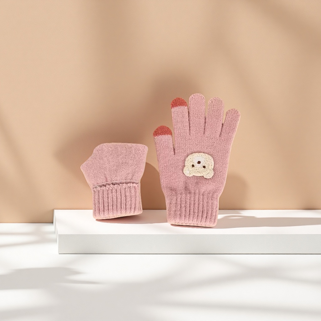 Pink woolen gloves, warm and anti-slip, knitted gloves for women in autumn and winter