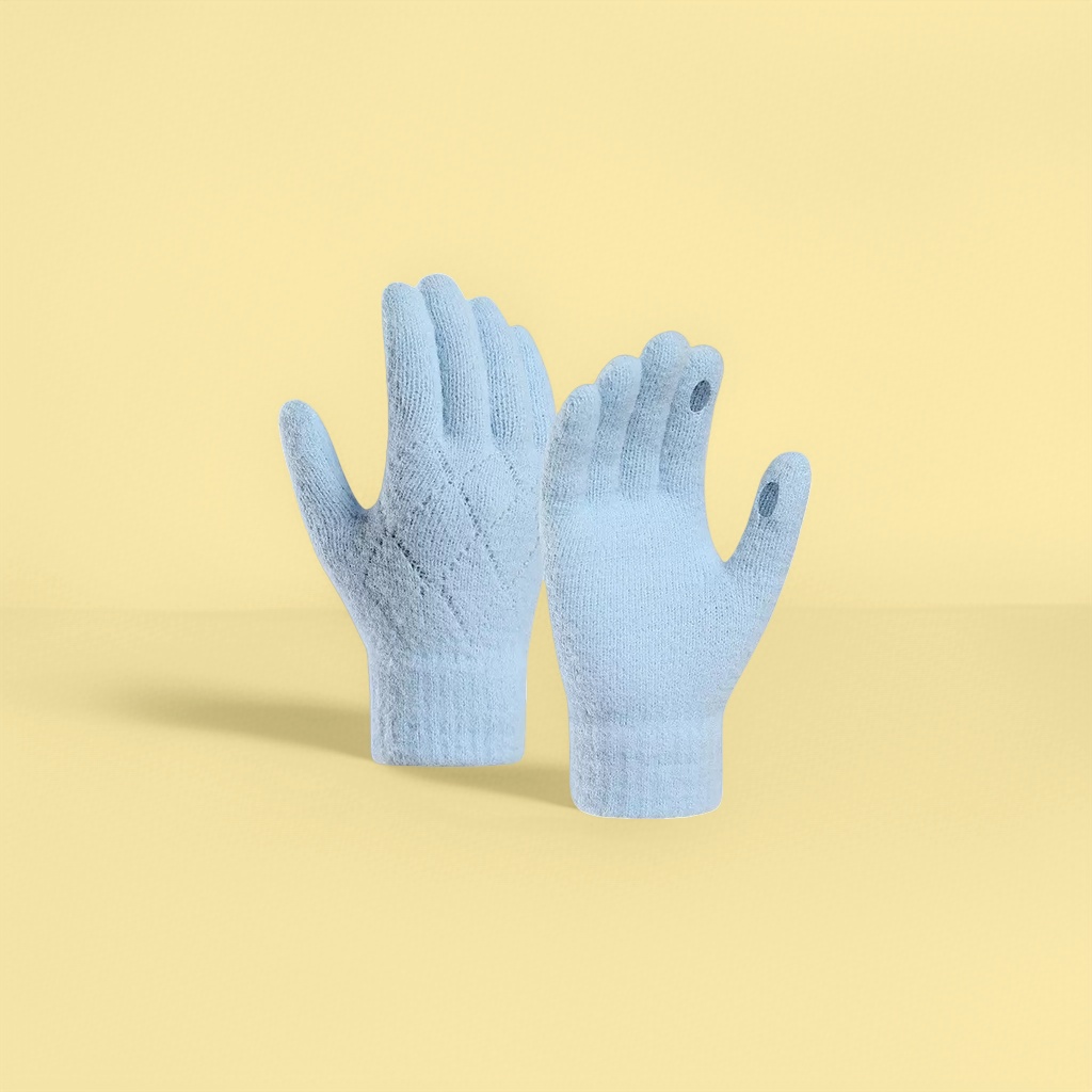 The blue knitted gloves with a hollowed-out design are suitable for both men and women, providing warmth, anti-slip and breathability Specification image