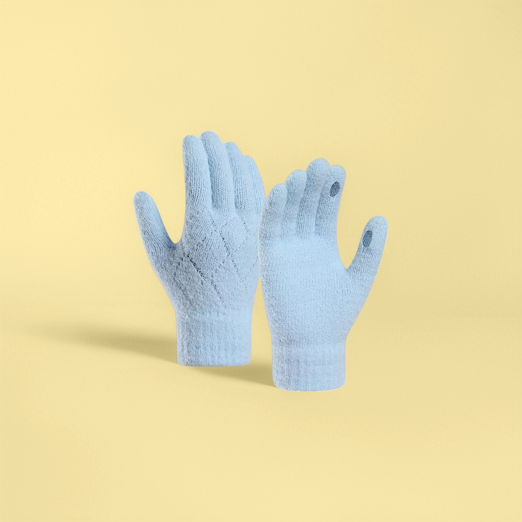 The blue knitted gloves with a hollowed-out design are suitable for both men and women, providing warmth, anti-slip and breathability details Picture