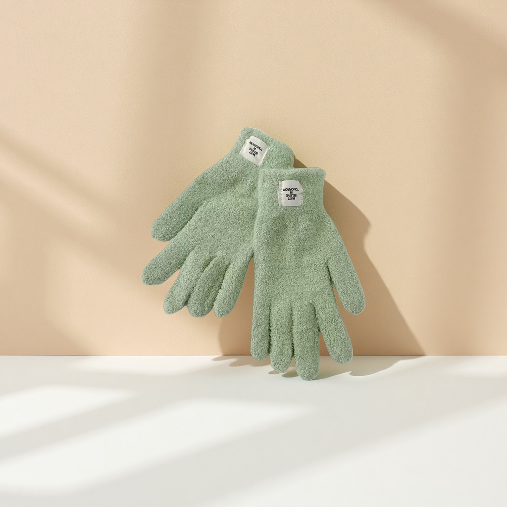 Light green plush warm gloves for women, thickened for cold protection and hand care in autumn and winter