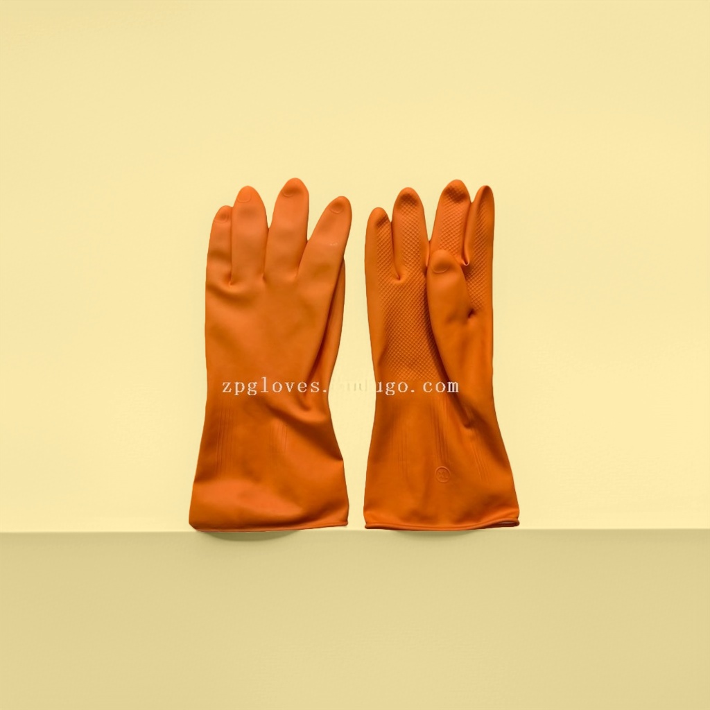 The thickened orange industrial latex rubber gloves are anti-slip, wear-resistant and acid and alkali resistant details Picture