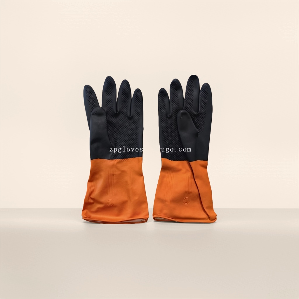 Black rubber gloves with orange cuffs, anti-slip and wear-resistant thickened work gloves details Picture