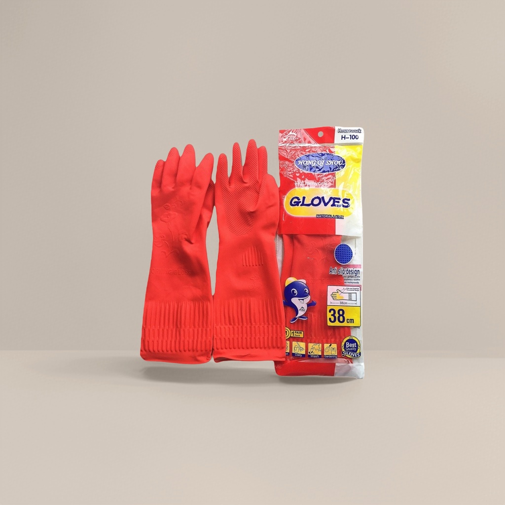 Thickened red rubber gloves, anti-slip and wear-resistant, household cleaning and labor protection gloves details Picture