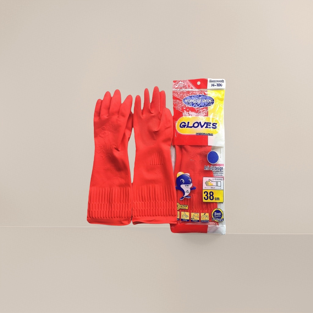 Thickened red rubber gloves, anti-slip and wear-resistant, household cleaning and labor protection gloves Specification image