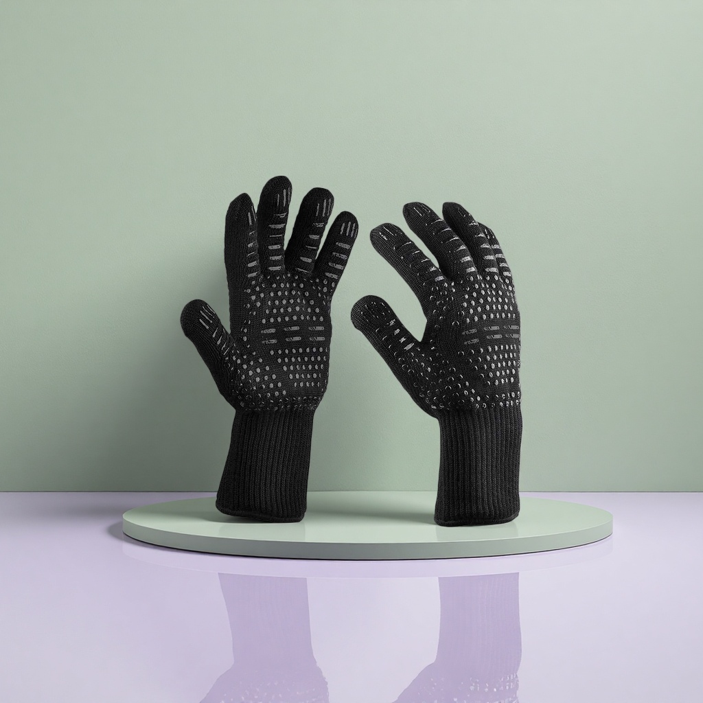 Black heat-resistant gloves, heat-resistant and scald resistant, specially designed for kitchen baking and barbecuing details Picture